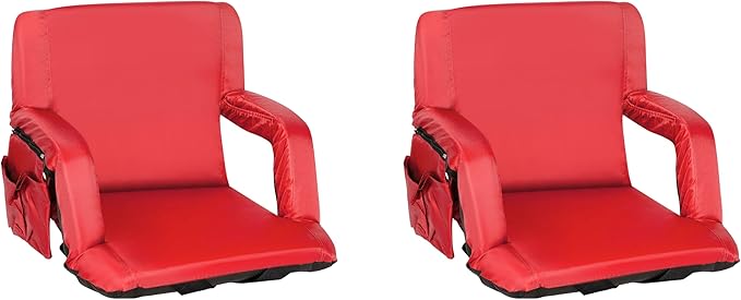 BizChair Set of 2 Red Portable Lightweight Reclining Stadium Chairs with Armrests Padded Back &amp Seat - Storage Pockets &amp Backpack Straps