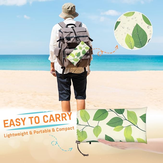 Waterproof Sandproof Beach Blanket 59''×68'' Seamless Patter Leaves Polyester Outdoor Picnic Blanket with 4 Stakes &amp Storage Bag for BeachCampingVacation
