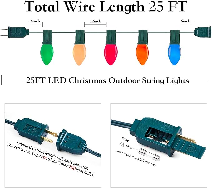 C7 LED Christmas String LightsVintage 25Ft Outdoor Multicolor String Lights with 27 Energy-Efficient Waterproof Glass LED Bulbs for Christmas Backyard CarnivalPatioWeddingHoliday Decoration.
