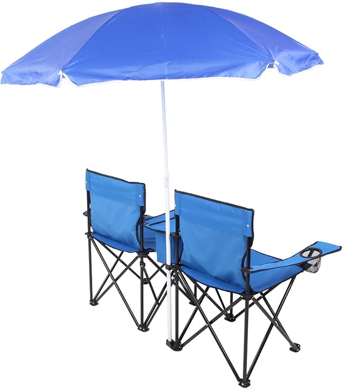 Double Camping Chair with Umbrella Folding Beach Chair Loveseat Chairs with Canopy Shade and Cooler Bag Double Rocker Chair Outdoor for Camping Beach Picnic Fishing Patio Pool Park