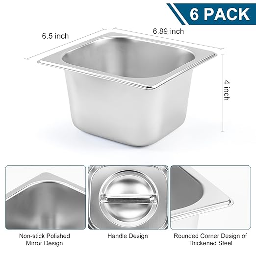 6 PCS Stainless Steel Pan Steam Table Pans 1/6 Size 4 Deep Stainless Steel Hotel Pan with Lid Restaurant Food Storage Containers with Lids Hotel Pans with Lids for Home Party Restaurant Hotel Buffet