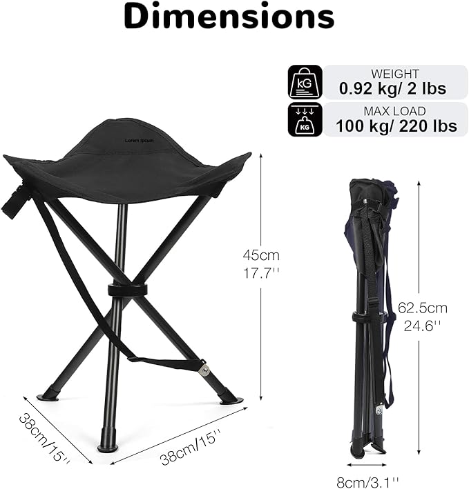 18 Folding Tripod Stool for Adults Heavy Duty Lightweight Portable Three Leg Tall Camping Stool Collapsible Backpacking Tripod Seat Chair for Fishing Hunting Support 225 lbs Black