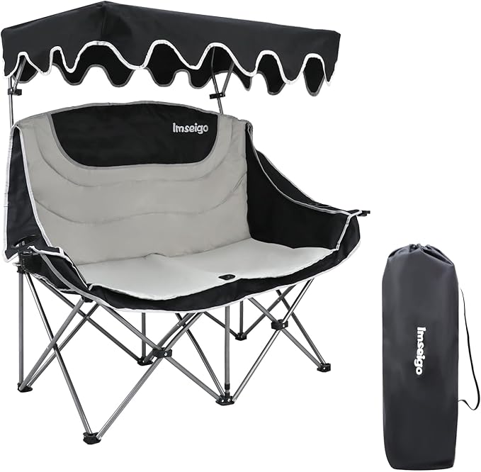 Double Camping Chair with Adjustable Shade Canopy Oversized Portable Folding Loveseat Couch 2 Person Soft Padded Couch Back Storage Bag Cup Holder for Outdoor Lawn Backyard