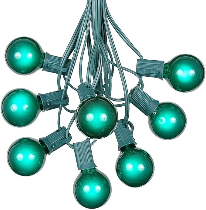 G40 Patio String Lights with 25 Green Globe Bulbs - Hanging Garden String Lights - Vintage Backyard Patio Lights - Outdoor String Lights - Market Cafe String Lights - Green Wire - 25 Foot