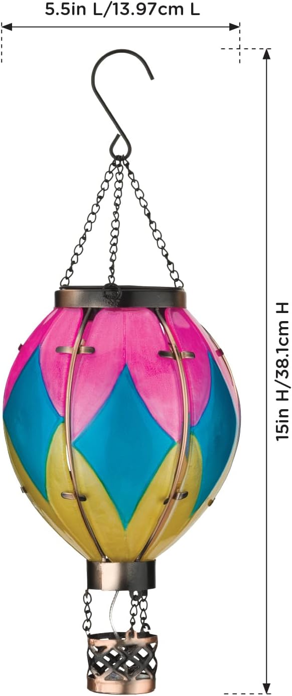 Regal Art &amp Gift Hot Air Balloon Solar Lantern – Hanging Solar-Powered LED Lights Waterproof Portable Decorative Outdoor Lamp Made of Metal &amp Glass for Garden Patios &amp Pathway – Diamond