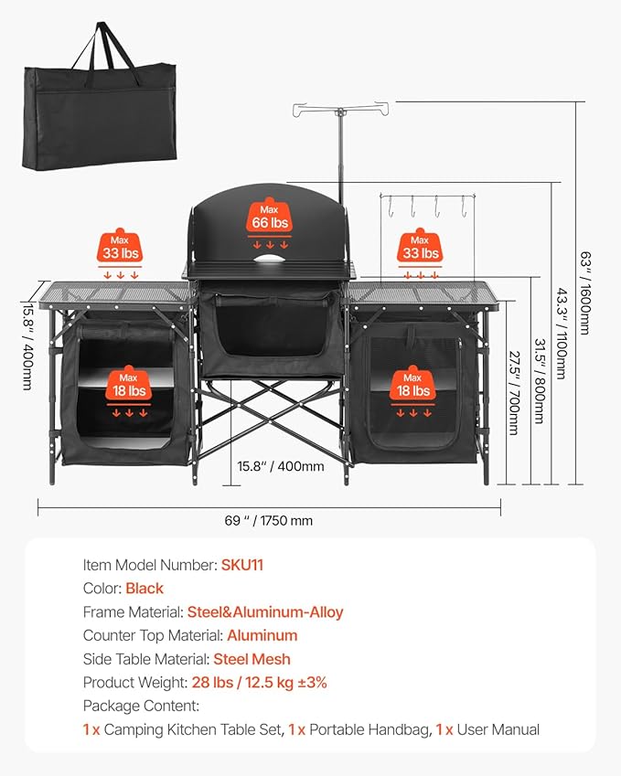 VEVOR Camping Kitchen Table Outdoor Camp Cooking Table Aluminum Portable Cook Station with 3 Storage Cupboard Carrying Bag Detachable Windscreen Quick Set-up for BBQ Party Picnic RV Travel Black