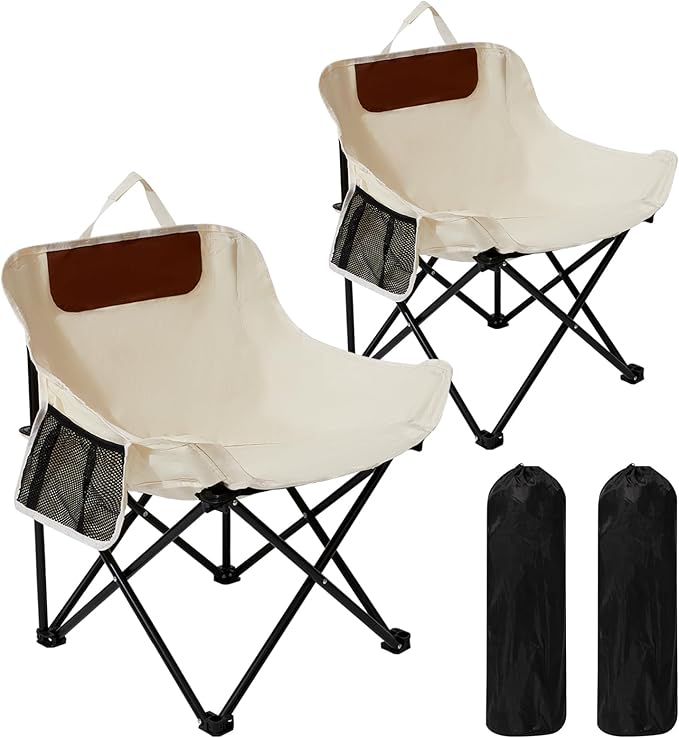 SHANQUAN 2 Pack Folding Camping Chair Compact Camp ChairOutdoor Lawn Portable Lightweight Backpacking Chair with Carrying Bag for Outdoor CampTravelBeachPicnicFishing Hiking (Beige)