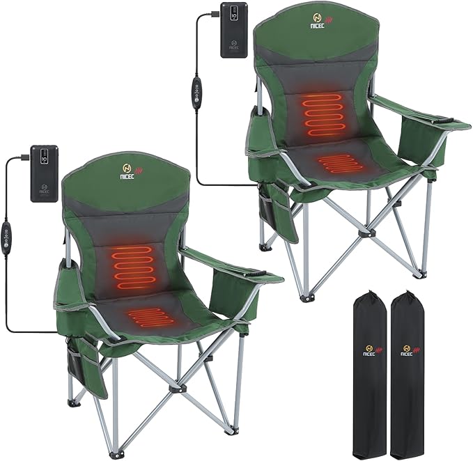 Nice C Heated Camping Chair with Battery Heated Outdoor Sports Chair Folding Chairs with Cooler Bag Cup Holder Carry Bag 10000 mAh Power Bank Included (Green&ampGrey Set of 2)