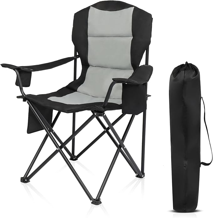 VINGLI Outdoor Padded Camping Chair with Cooler Cup Holder Side Pocket Portable Tailgate Chairs for Adults Folding Lawn Chair with Carry Bag Support 400lbs