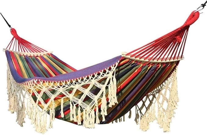 Deluxe Boho Hammock Swing with Spreader Bar – Thickened Canvas Fringed Portable for Indoor Porch Backyard Hiking and Travel – 441 lbs Capacity