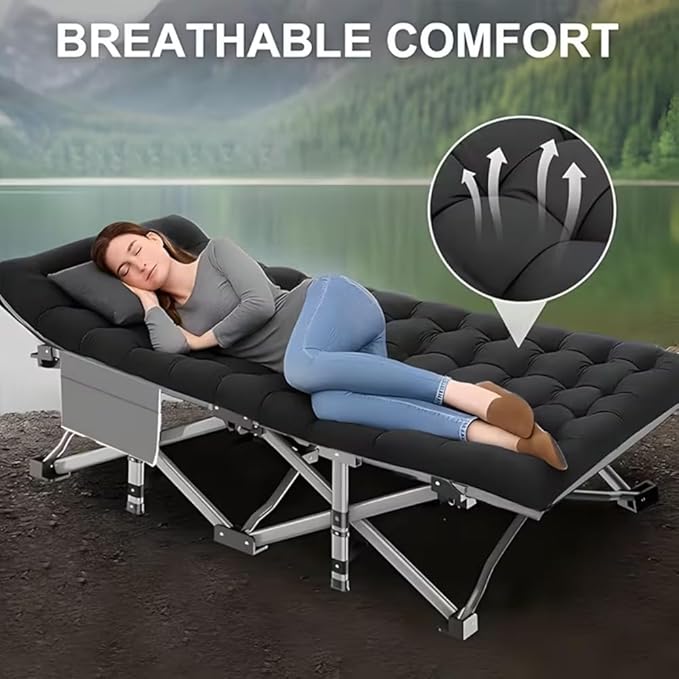 700LBS Extra-Large Folding Outdoor Camping Bed with Mattress Portable Folding Guest Bed Heavy-Duty Sleeping bedwith Storage Bag Suitable for Travel and Leisure (Black 700lbs)