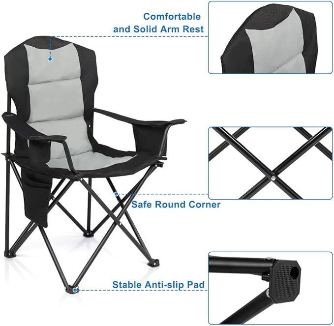 VINGLI Outdoor Padded Camping Chair with Cooler Cup Holder Side Pocket Portable Tailgate Chairs for Adults Folding Lawn Chair with Carry Bag Support 400lbs