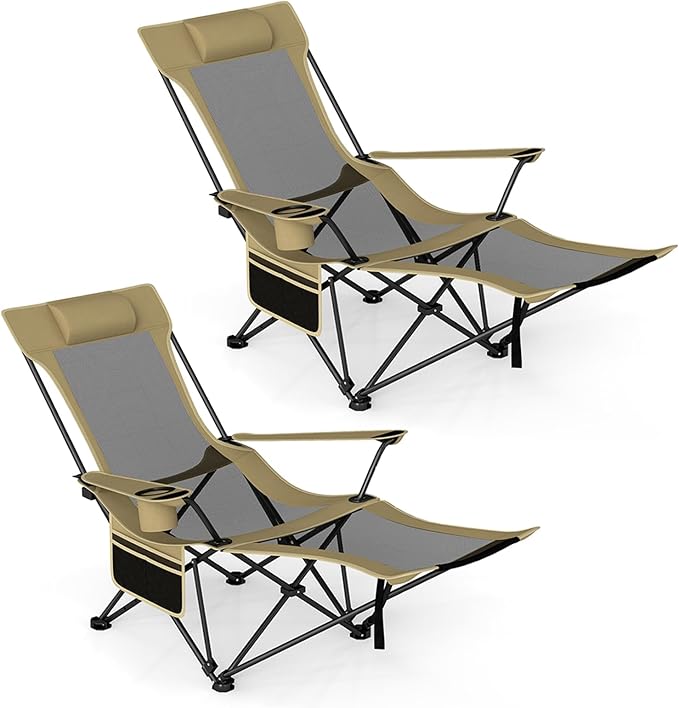 GYMAX Reclining Camping Chairs with Footrest Lightweight Foldable Camping Chairs with Cup Holders Adjustable Backrest Headrest Heavy Duty Camp Chair for Adult Outdoor Fishing Beach (Khaki2)