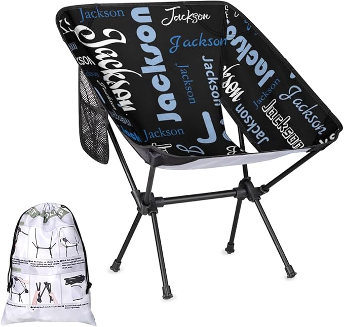 Custom Camping Chair Personalized Portable Backpacking Chair with Name Lightweight Folding Chair for Beach Hiking Black