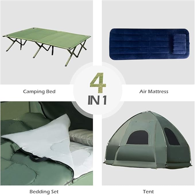 Double Tent Bed Portable Camping Tent with Air Mattress and Pillow Folding Camping Cot of Metal Frame Double Sleep Bag with Polyester Canopy for Outdoor Family Camping Picnic - Military Green