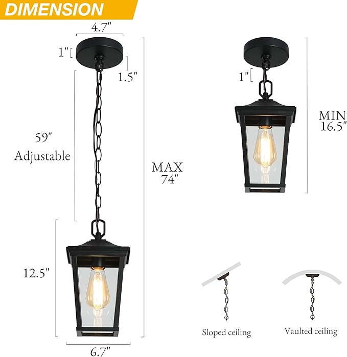 LALUZ Outdoor Pendant Light Weather-Resistant Hanging Lantern Light with Clear Glass Modern Farmhouse Exterior Lighting for Porch Gazebo Entryway Patio