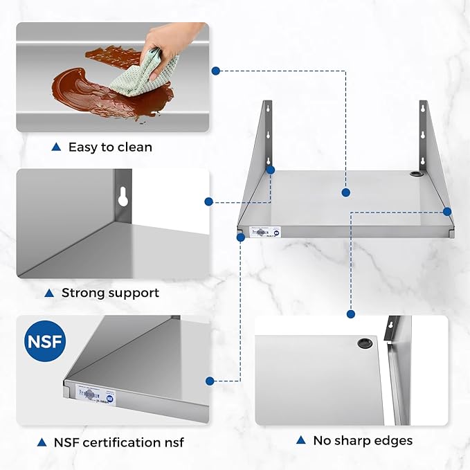 Profeeshaw Stainless Steel Microwave Shelf 18x24 Heavy Duty Wall Mounted Floating Shelf NSF Certified Appliance Rack for Commercial &amp Home Kitchens Restaurants Hotels Bars