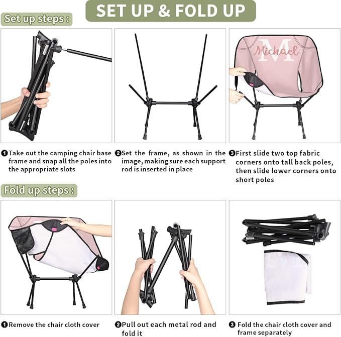 Custom Pink Portable Camping Chair Personalized Backpacking Chair with Name Lightweight Foldable Chairs for Hiking Beach