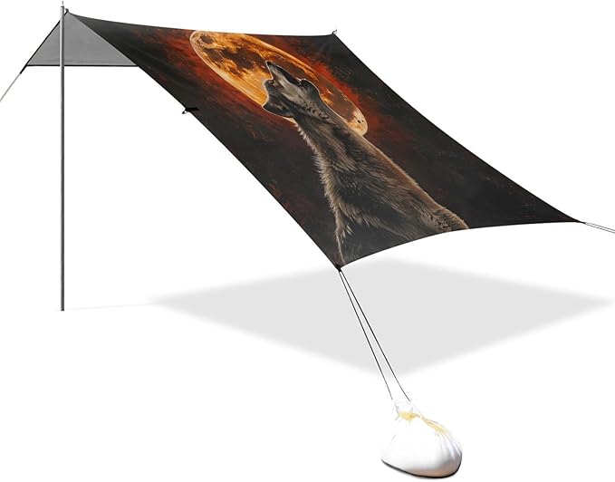ALAZA Wild Wolf Howling Moon Beach Tent Sun Shelter UPF50+ Protection Beach Shade Canopy w/ 4 Sandbags for Outdoor Camping Fishing Backyard Fun Picnic 10x9 ft