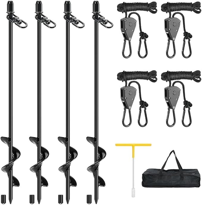 4 Pack Screw-in Tent Stakes 17.7 Heavy Duty Spiral Ground Anchors (8mm Solid Steel 1.5 Helix) w/ 4×8ft Ratchet Guy Lines M12 Wrench &amp Bag for Camping Tents Canopies Tarps Beach Sand