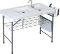 HomGarden 42.4Folding Fish Cleaning Table with Sink Portable Camping with Grid Rack Fish Cleaning Outdoor Fish Fillet Cutting Table with Drainage Hose for Patio Backyard BBQ