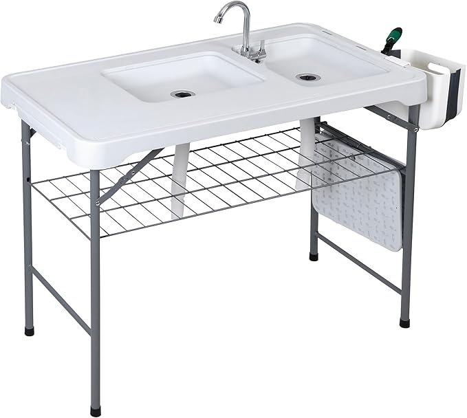 HomGarden 42.4Folding Fish Cleaning Table with Sink Portable Camping with Grid Rack Fish Cleaning Outdoor Fish Fillet Cutting Table with Drainage Hose for Patio Backyard BBQ