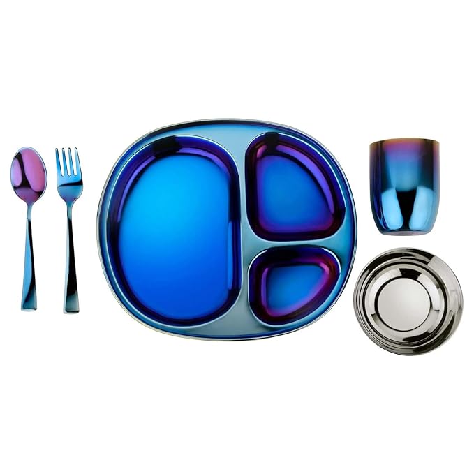 Ahimsa Stainless Steel Kids Dinnerware Set Pediatrician Designed 5 Piece Toddler Plates and Bowls Set Stainless Steel Divided Plate Cup and Kids Utensils Blue
