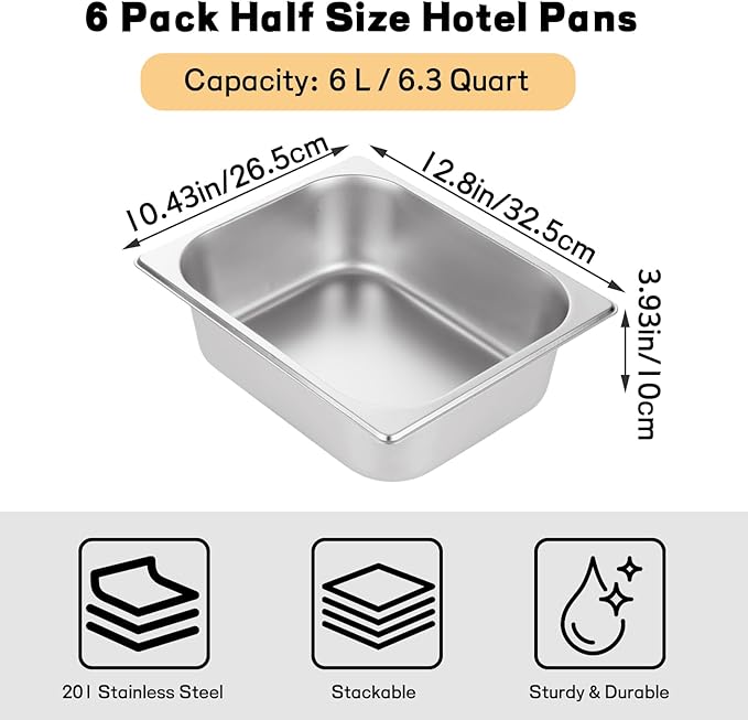 QTLCOHD 6 Pack 1/2 Inch Half Size 4 Inch Deep Hotel Pan - Stainless Steel Steam Table Pans for Chafing Dish Inserts Commercial Food Pan for Party Buffet Catering Supplies