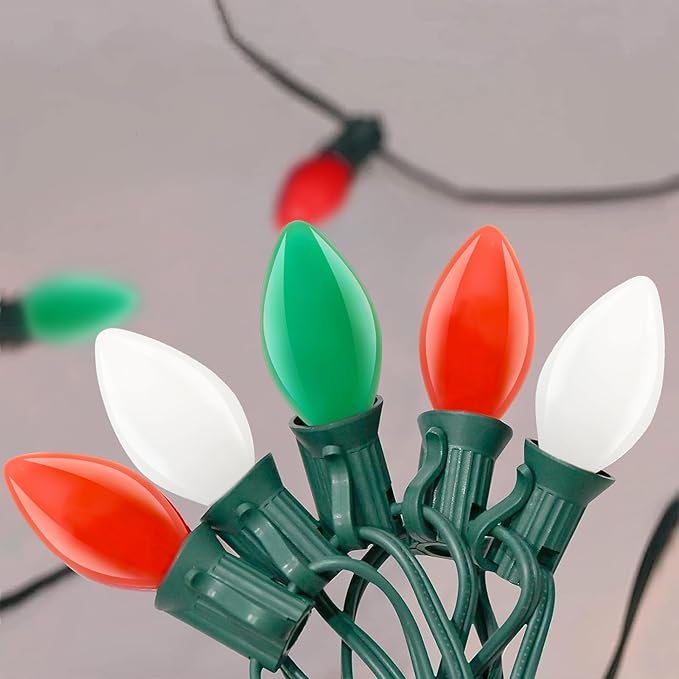 SUNSGNE C7 LED Christmas Lights Outdoor 25ft Vintage Christmas String Lights with 27 Red Green White LED Bulbs(2 Spare) for Patio Balcony Garden Roofline Decor E12 Base Socket