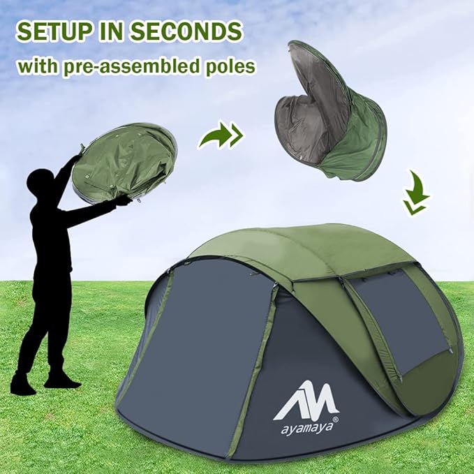 4 Person Pop Up Tents for Camping - AYAMAYA Waterproof Instant Family Tents with Skylight &amp Removable Rainfly Upgraded Large Size with 2 Doors -Automatic Easy Setup Beach Tent with Poles