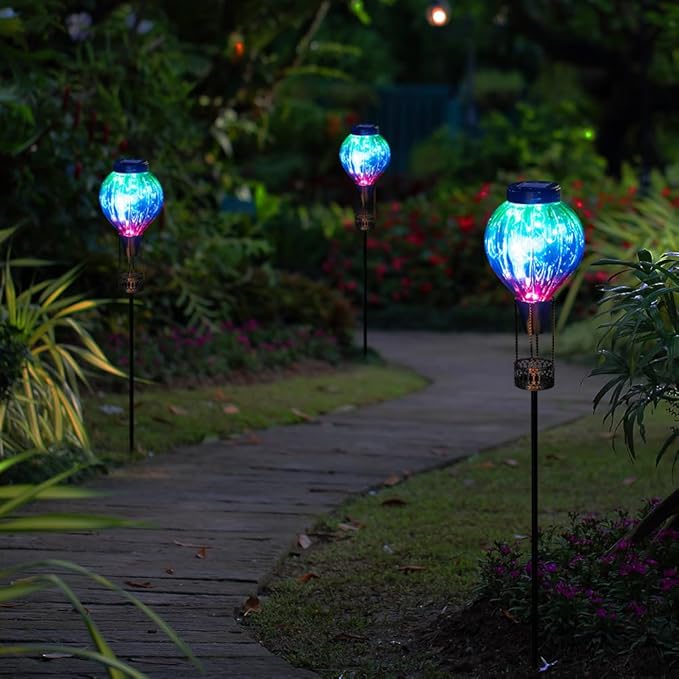 Solar Garden Lights Outdoor Waterproof with Hot Air Balloon Led Garden Lights Outdoor Solar Landscape Stake Light Decor for Outside Pathway Walkway Yard Patio