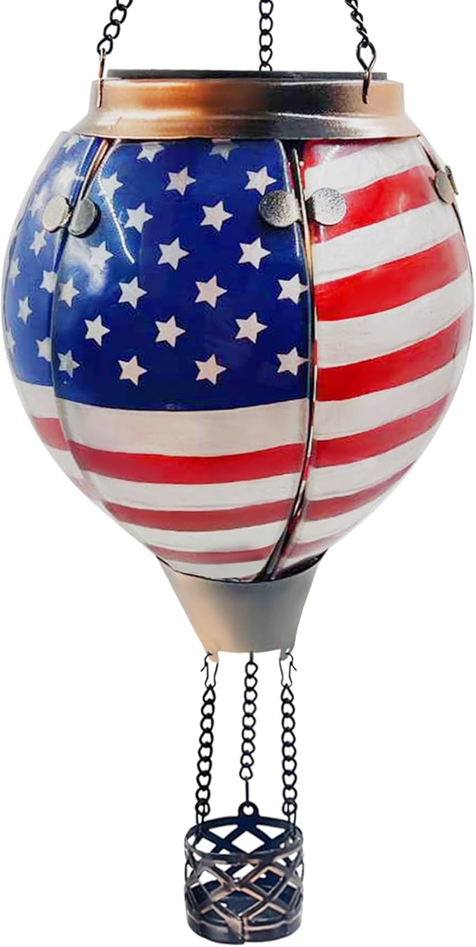 Glass Solar Hot Air Balloon Lantern with Flame Hanging Garden Flickering Light Outdoor Waterproof for Yard Patio Tree 4th of July Decorations Flag