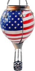Glass Solar Hot Air Balloon Lantern with Flame Hanging Garden Flickering Light Outdoor Waterproof for Yard Patio Tree 4th of July Decorations Flag