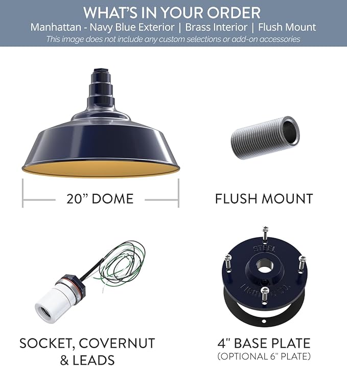 Steel Lighting Co. Manhattan Warehouse Light | Ceiling Mounted Pendant | 20 inch Dome | Flush Mount | Large Steel Barn Light Made in America | Navy Blue Exterior/Brass Interior