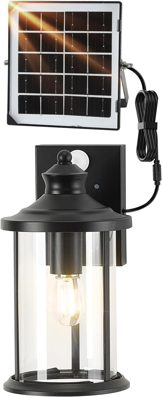 OKELI Porch Lights Outdoor Dusk to Dawn Motion Sensor Solar Wall Lantern Separate Panel &amp Battery Replaceable Exterior Waterproof Wall Sconce Lighting Lamp (Black B 1 Pack)