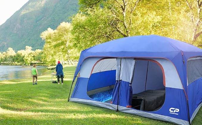 CAMPROS CP 12 Person Cabin Tent 2 Room Extra Large Straight Wall Camping Tents Waterproof Windproof with Top Rainfly 6 Large Mesh Windows Double Layer Easy Set Up Family Tent