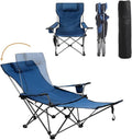 Reclining Folding Camping Chair with Removabel Footrest Adjustable Folde Camping Chair with Foot Rest Camp Lounge Outdoor Beach Chair Oxford Fabric Reclining Design with Pillow Cup Holder Blue