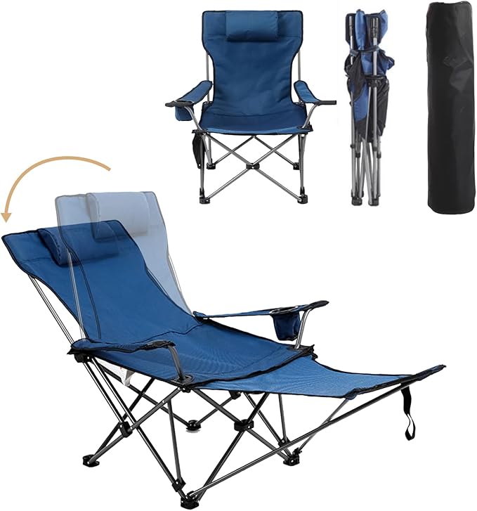 Reclining Folding Camping Chair with Removabel Footrest Adjustable Folde Camping Chair with Foot Rest Camp Lounge Outdoor Beach Chair Oxford Fabric Reclining Design with Pillow Cup Holder Blue