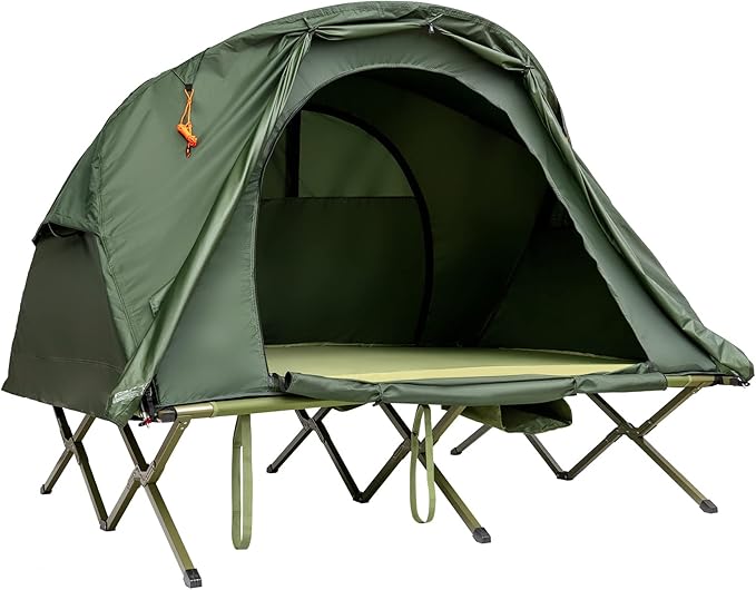 Tangkula 2-Person Tent Cot 4-in-1 Folding Tent with Waterproof Rainfly Self-Inflating Mattress &amp Roller Carrying Bag Portable Off Ground Elevated Tent with Shoe Storage Pocket &amp Lamp Hook