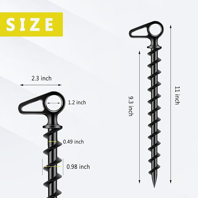 11 Aluminum Screw-in Ground Anchors - Heavy Duty Metal Non-Rust Spiral Tent Stakes for High Wind Grass Sand Camping Canopies Trampolines &amp Outdoor Securing