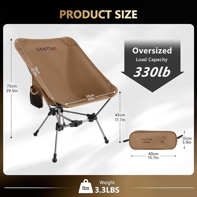 Portable Camping Chair Lightweight Compact Backpacking Chair with Side Pocket Wide Seat Folding Chair for Camping Hiking Beach - Supports 330Lbs Khaki