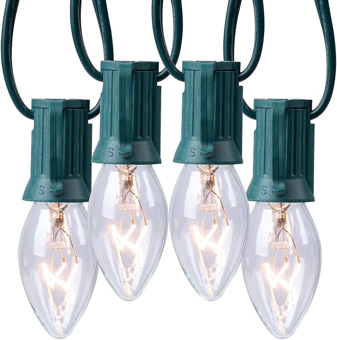 Minetom C9 Clear Christmas String Light Set 25 Feet Vintage Christmas Tree Lights Outdoor Roofline String Lights with 25 Clear Bulbs for Patio Garden Holiday Green Wire-4