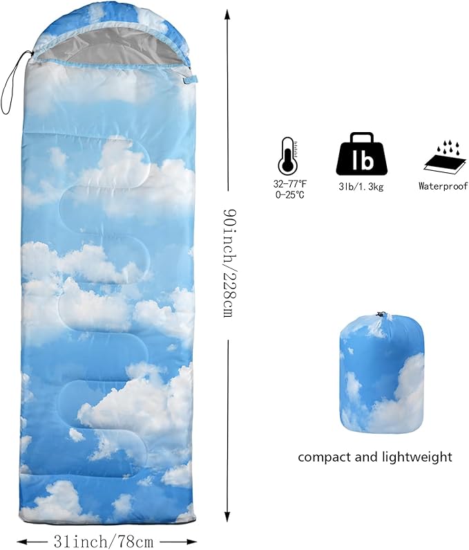 Axolotl Blue Sky Kids Sleeping Bag White Cloud Camping Bag in Warm Cold Weather for Girls Boys Natural Scenery Clouds Waterproof Backpacking for Traveling Outdoor Camping Gear Hiking Gear Equipment