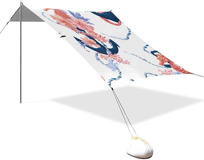 Bolaz Beach Canopy Tent Sun Shade9'×10.5' Large Family Beach Shade UPF50+- Outdoor Shade for Camping Trips FishingSeahorse Boat Anchor Pattern