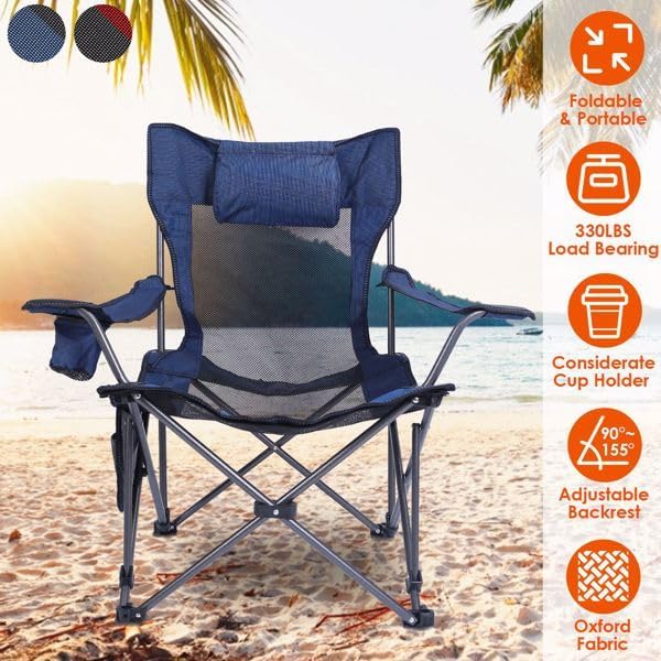 Foldable Camping Chair 330LBS Load Heavy Duty Steel Lawn Chair Collapsible Chair with Reclining Backrest Angle Cup Holder Pillow Side Pocket Carry Bag