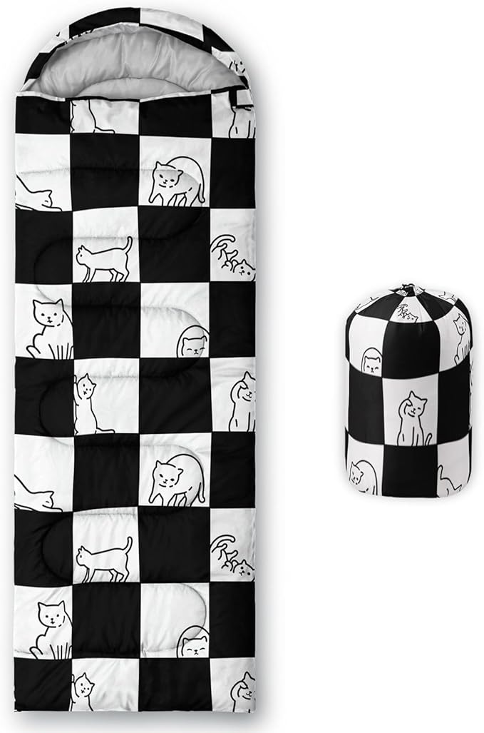 Kids Sleeping Bag for Boys GirlsCheckerboard Cat Print-Lightweight Warm Portable Outdoor Indoor-Waterproof Cold Weather Resistant Sleeping Bag for Camping Hiking