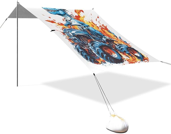 ALAZA Dinosaur Monster Truck Beach Tent Sun Shelter UPF50+ Protection Beach Shade Canopy w/ 4 Sandbags for Outdoor Camping Fishing Backyard Fun Picnic 10x9 ft