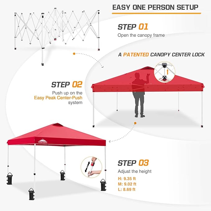 EAGLE PEAK Pop Up Canopy Tent with Wheeled Carry Bag 8 Stakes 4 Ropes 4 Weight Bags Easy Set Up Tent Canopy 10x10 ft 100sqft of Shade Red