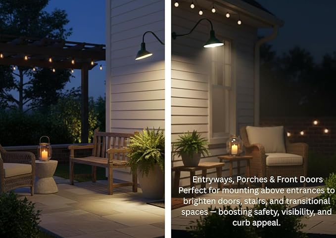 AGB101-AS20-GREEN Gooseneck Barn Light - Green Outdoor Dome with Incandescent Downlight | Wall-Mount Fixture for Patios Gardens Pathways and Large Outdoor Living Spaces