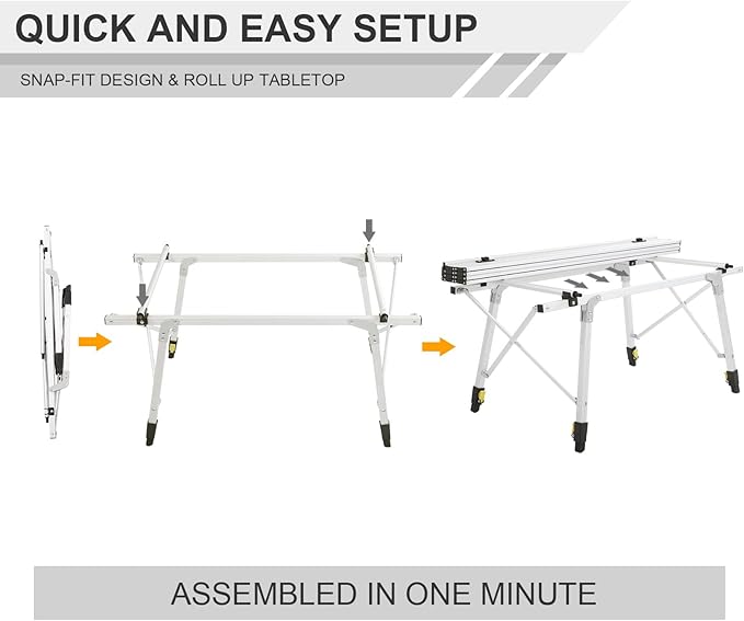 PORTAL Outdoor Folding Portable Picnic Camping Table with Adjustable Height Aluminum Roll Up Table Top Mesh Layer Silver